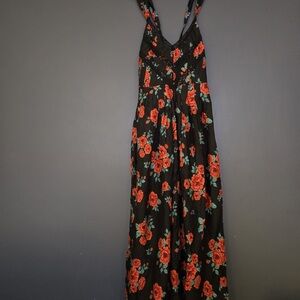 Free People Black Maxi Dress with Red Floral Design